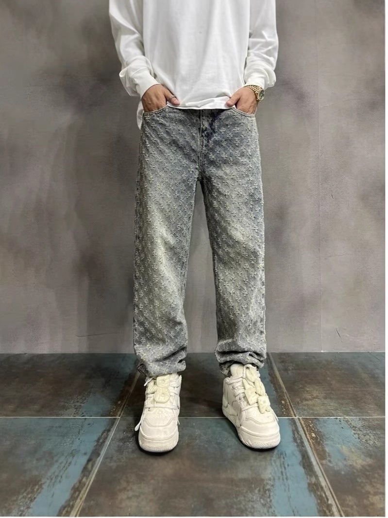 American Style High Street Ripped Jeans Men'S Summer Jacquard Design Sense Parisian Style Pants Trendy Brand Vibe Straight Pants - Image 2